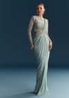 Blue Ready Pleated Saree With Beads And Moti Work