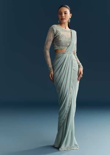 Blue Ready Pleated Saree With Beads And Moti Work