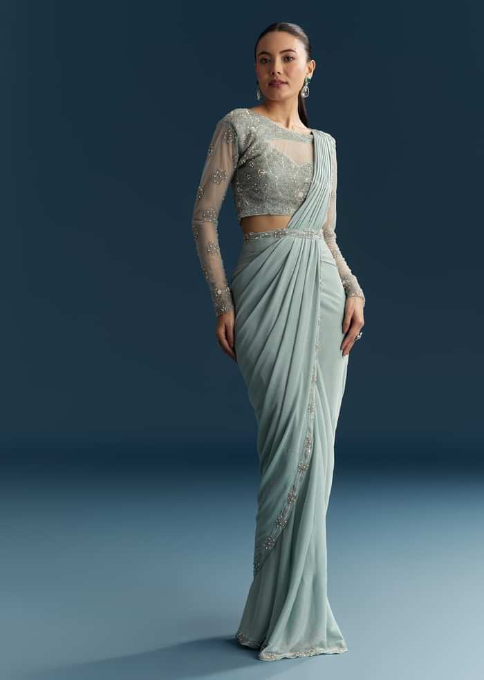 Blue Ready Pleated Saree With Beads And Moti Work