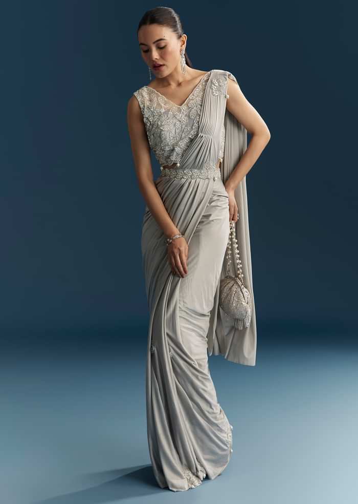 Grey Ready Pleated Saree With Cutdana And Sequins Work