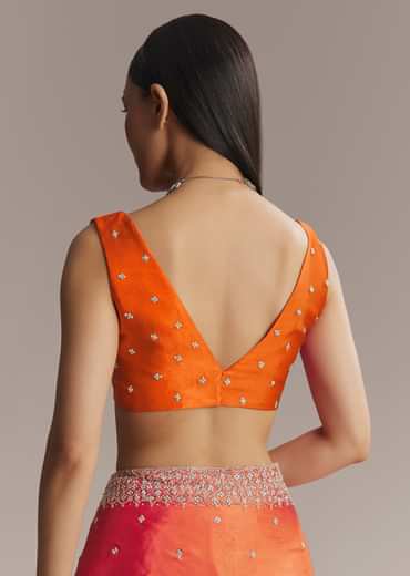 Hot Pink And Orange Chinon Saree With Heavy Embroidery