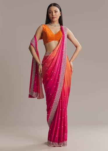 Hot Pink And Orange Chinon Saree With Heavy Embroidery