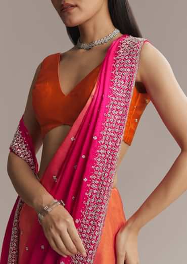 Hot Pink And Orange Chinon Saree With Heavy Embroidery