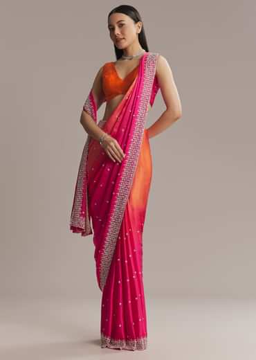Hot Pink And Orange Chinon Saree With Heavy Embroidery
