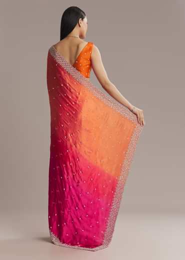 Hot Pink And Orange Chinon Saree With Heavy Embroidery