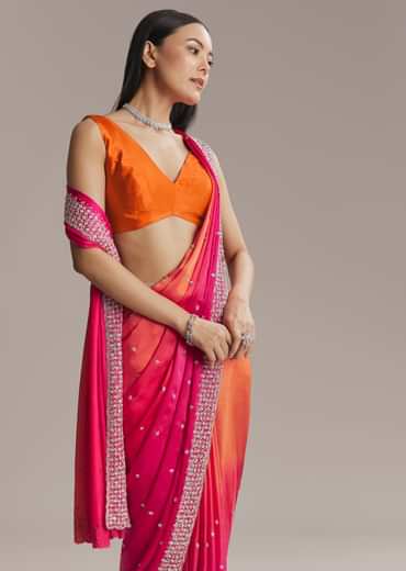 Hot Pink And Orange Chinon Saree With Heavy Embroidery