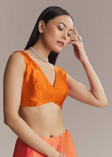 Hot Pink And Orange Chinon Saree With Heavy Embroidery