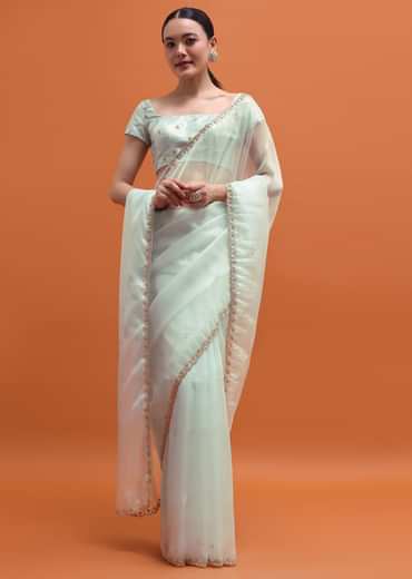 Ice Blue Embroidered Saree With Unstitched Blouse