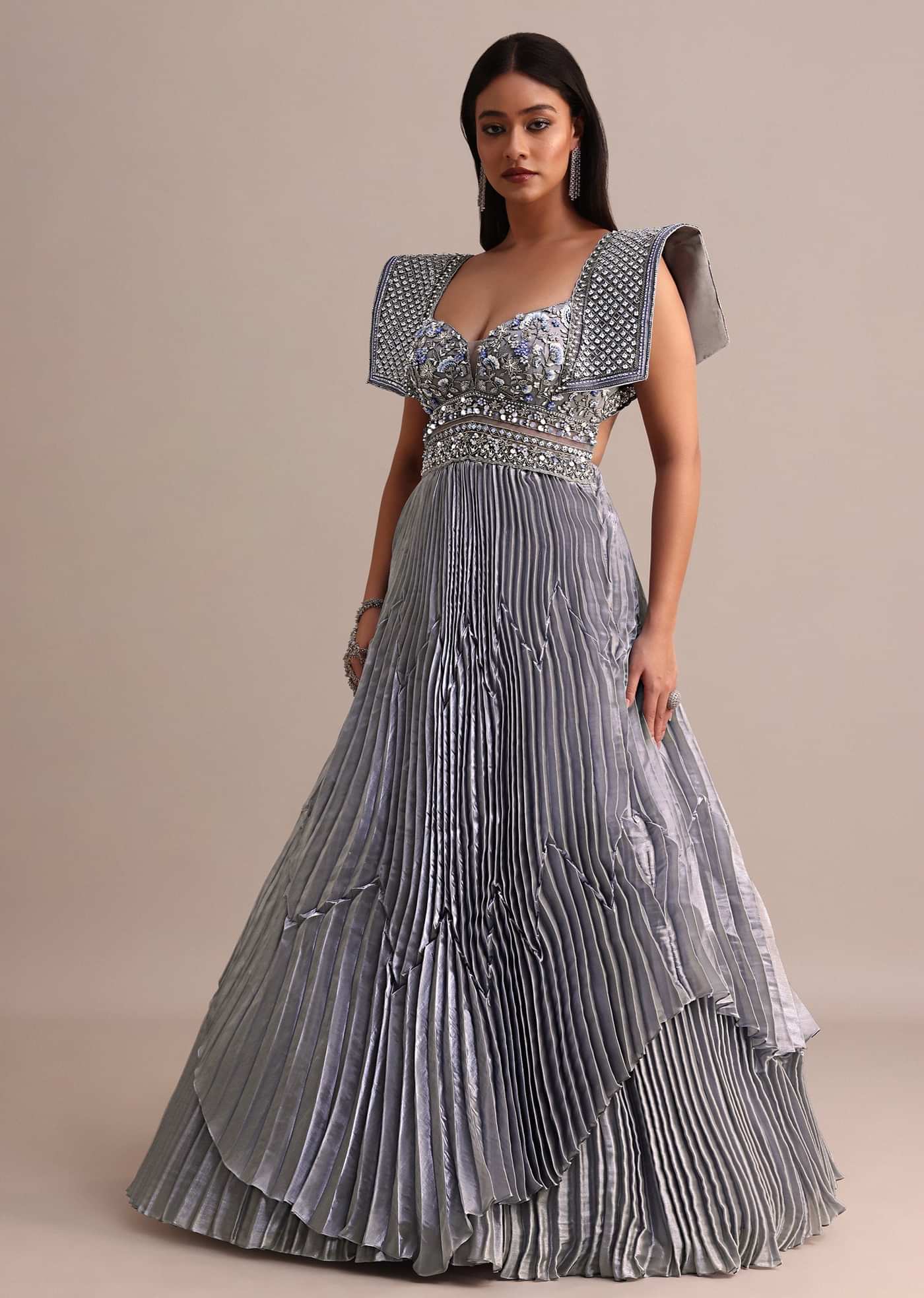Ice Blue Organza Double Layered Circular Pleated Gown With Fancy Sleeves