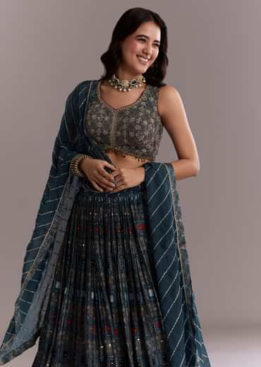 Indigo Modal Bridesmaid Lehenga With Hand Dyed Ajrakh Print
