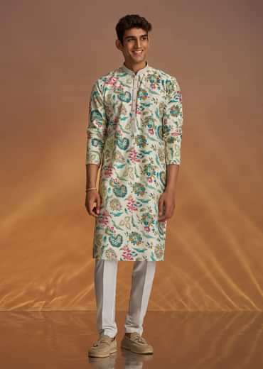 White Silk Kurta Set With Cold Coloured Nature Motifs