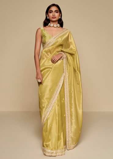 Lemon Yellow Tissue Saree With Heavy Embroidery