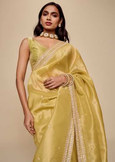 Lemon Yellow Tissue Saree With Heavy Embroidery