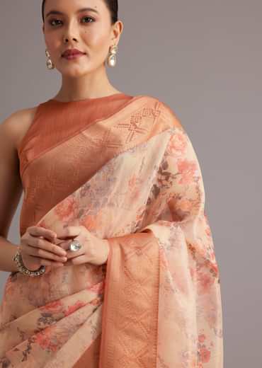 Light Yellow Tissue Silk Floral Printed Saree With Zari Woven Border