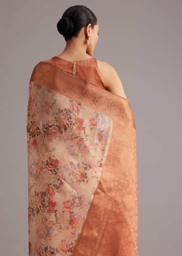 Light Yellow Tissue Silk Floral Printed Saree With Zari Woven Border