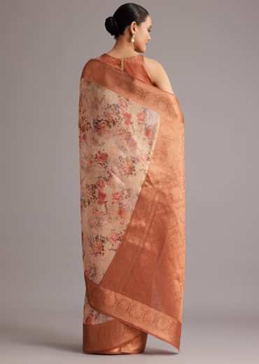 Light Yellow Tissue Silk Floral Printed Saree With Zari Woven Border