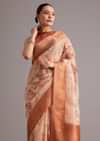 Light Yellow Tissue Silk Floral Printed Saree With Zari Woven Border