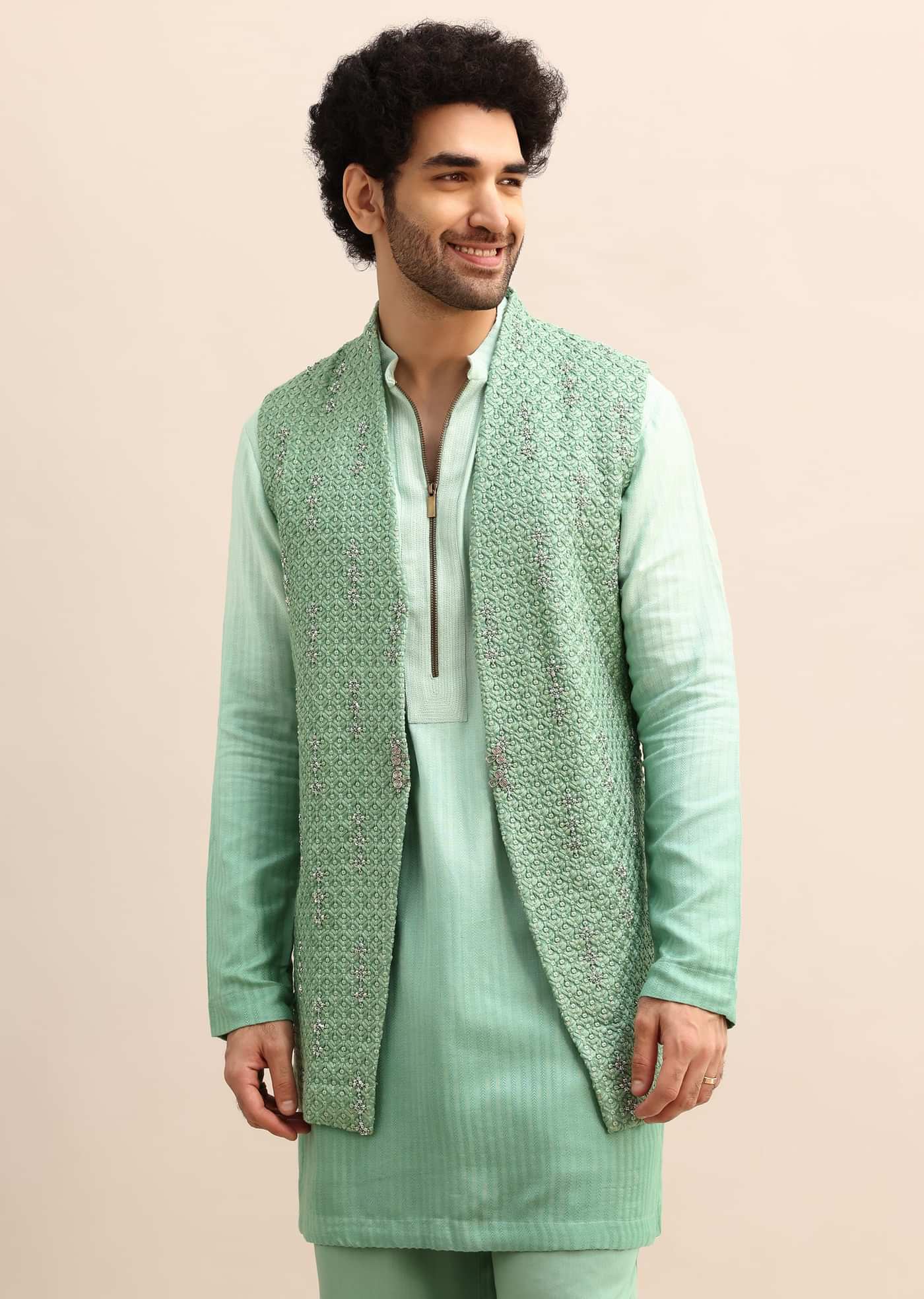 Light Green Hand Embroidered Silk Kurta Jacket Set
