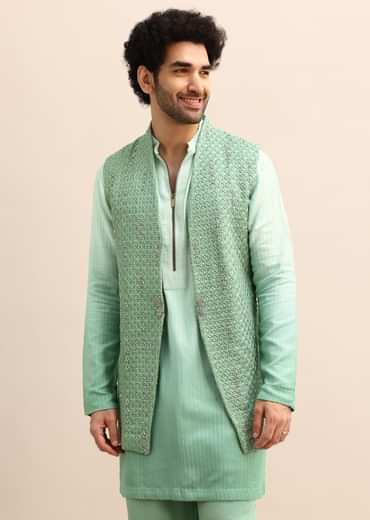 Light Green Hand Embroidered Silk Kurta Jacket Set