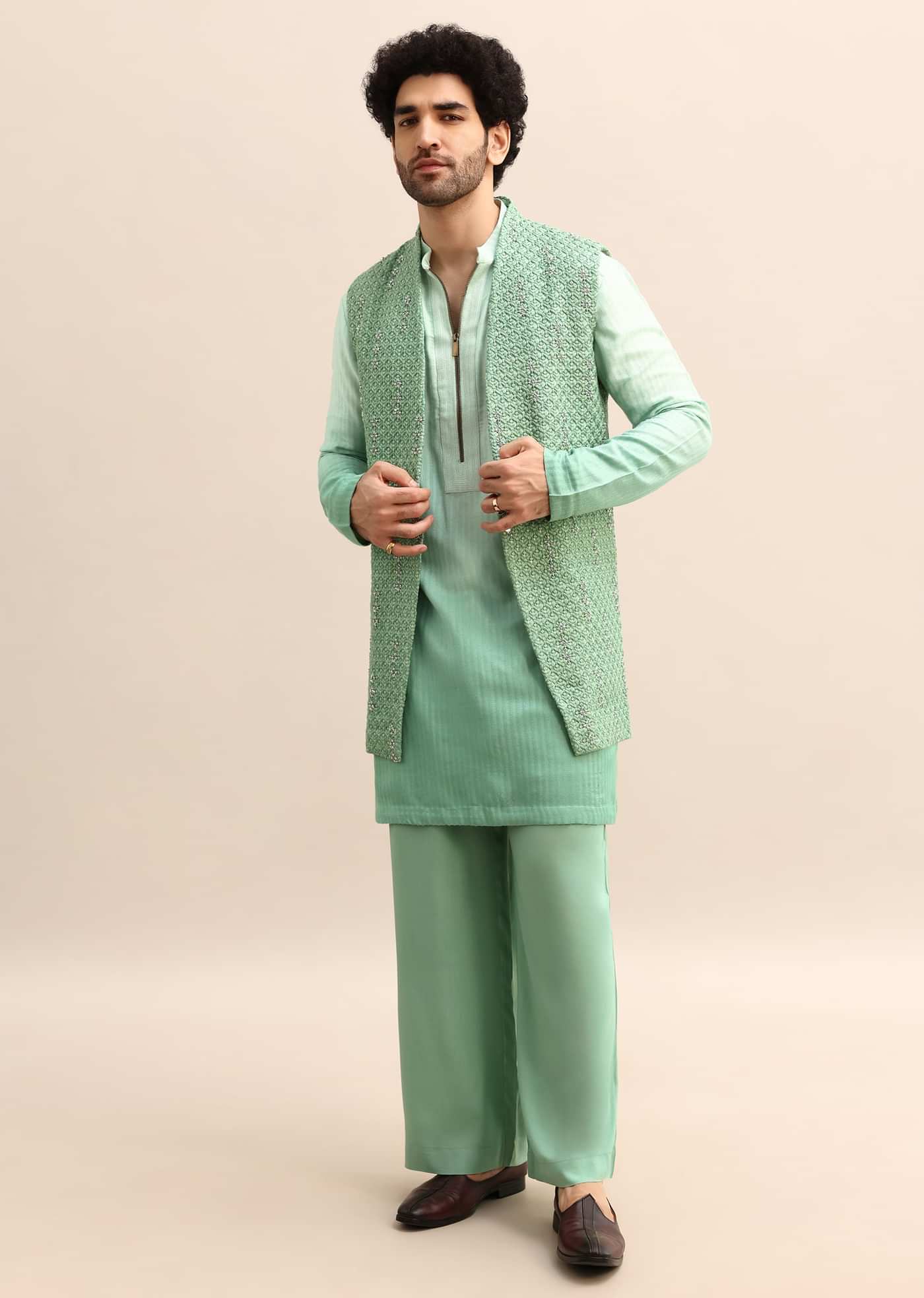 Light Green Hand Embroidered Silk Kurta Jacket Set