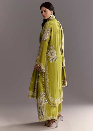 Light Green Moti Embroidered Kurta With Printed Palazzo