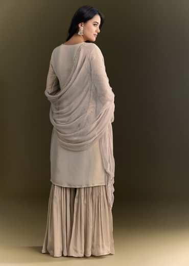Light Grey Cutdana Zardosi Embroidered Kurta With Scallop Border Dupatta