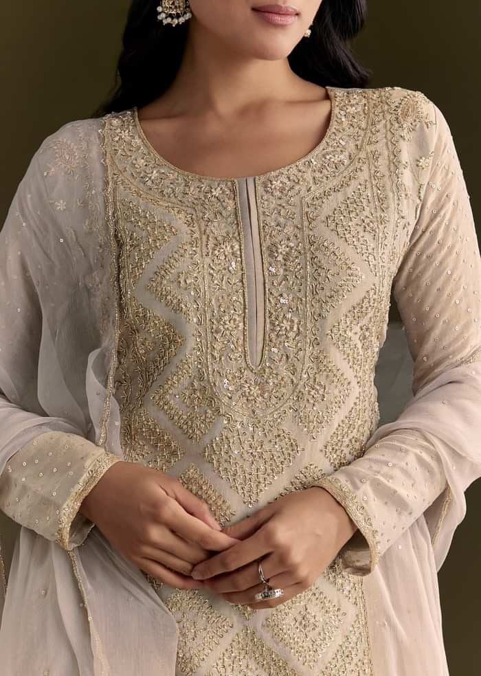 Light Grey Cutdana Zardosi Embroidered Kurta With Scallop Border Dupatta