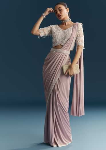 Lilac Ready Pleated Saree With Sequins And Moti Work