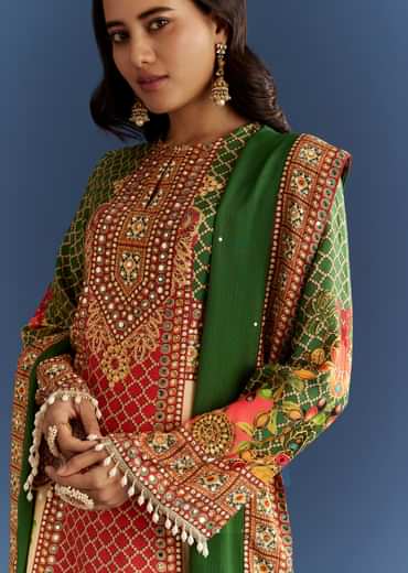 Multicolour Cotton Muslin Printed Kurta With A Line Cut And Printed Palazzo