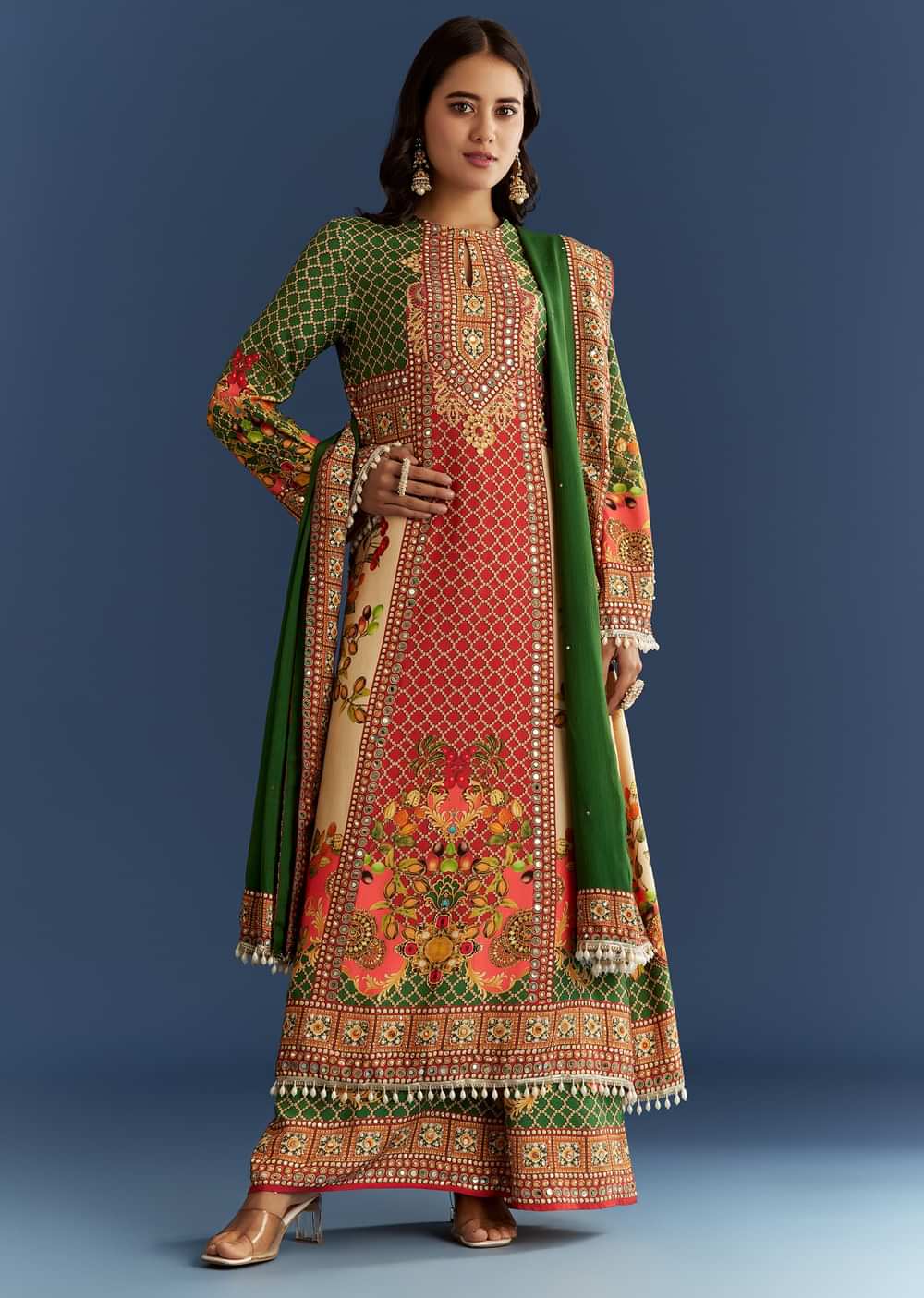 Multicolour Cotton Muslin Printed Kurta With A Line Cut And Printed Palazzo