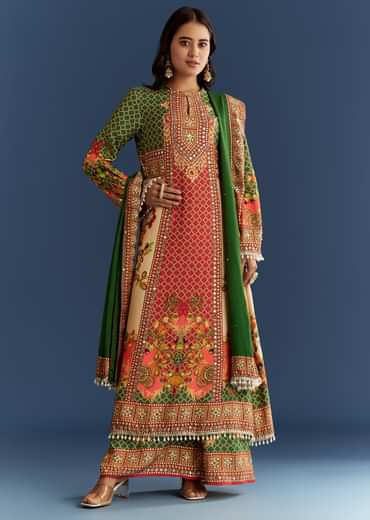 Multicolour Cotton Muslin Printed Kurta With A Line Cut And Printed Palazzo