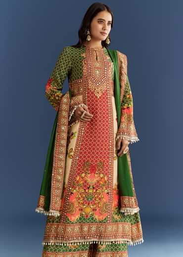 Multicolour Cotton Muslin Printed Kurta With A Line Cut And Printed Palazzo