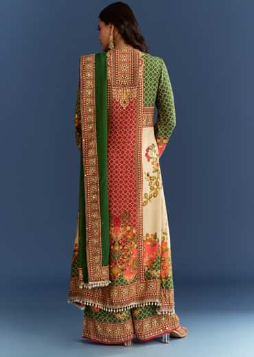 Multicolour Cotton Muslin Printed Kurta With A Line Cut And Printed Palazzo
