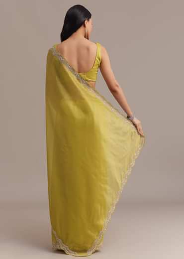 Mustard Tissue Organza Saree With Sequins Embellished Border
