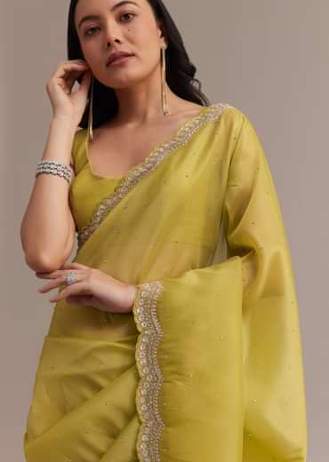Mustard Tissue Organza Saree With Sequins Embellished Border
