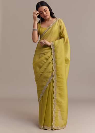 Mustard Tissue Organza Saree With Sequins Embellished Border