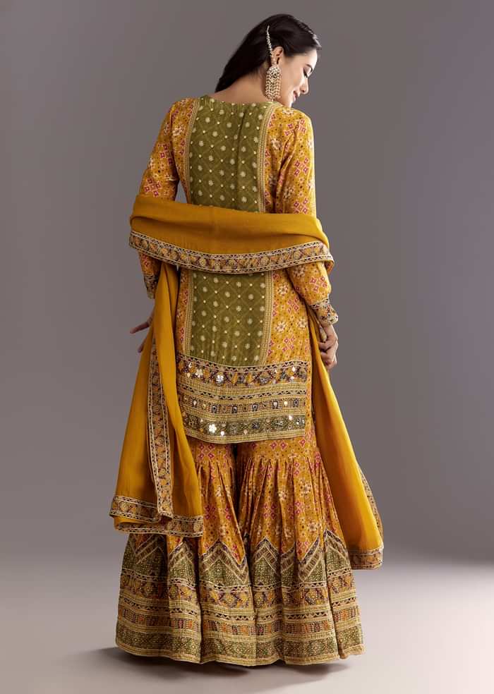 Mustard Yellow Patola Printed Kurta Sharara Suit With Organza Dupatta