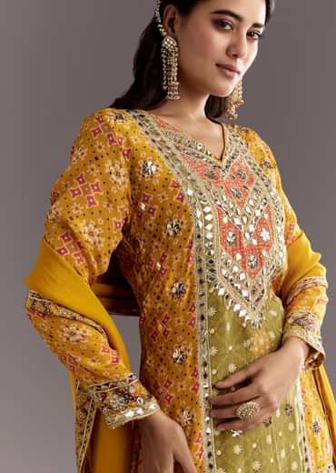 Mustard Yellow Patola Printed Kurta Sharara Suit With Organza Dupatta