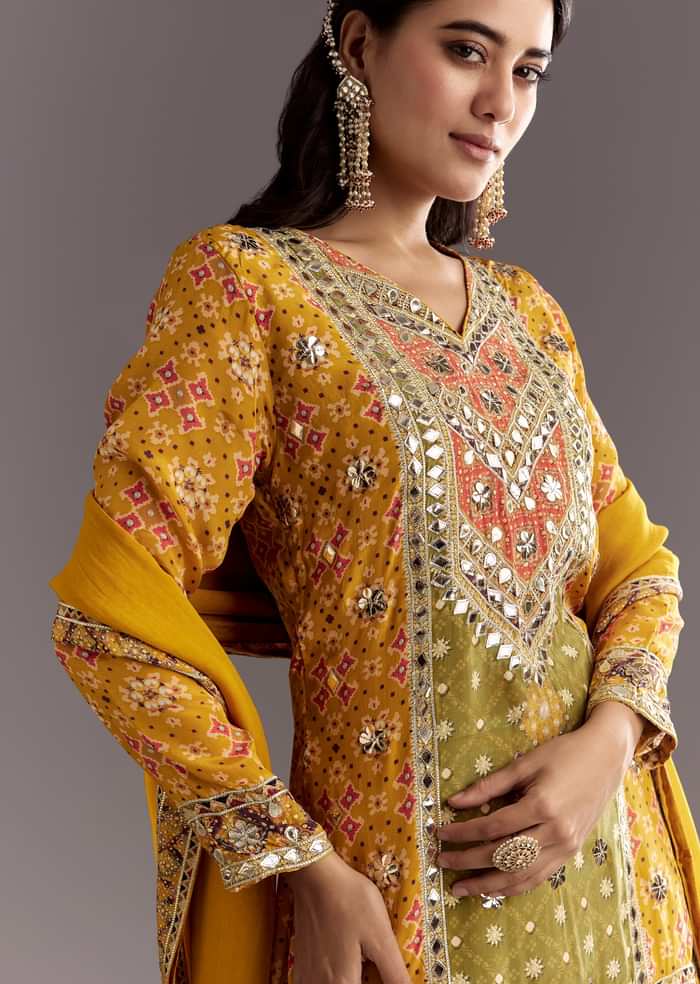Mustard Yellow Patola Printed Kurta Sharara Suit With Organza Dupatta