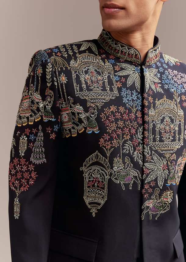 Navy Blue Jodhpuri Bandhgala Suit For Men With Thread Embroidery