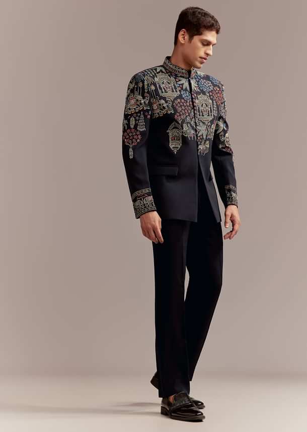 Navy Blue Jodhpuri Bandhgala Suit For Men With Thread Embroidery