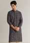 Navy Blue Silk Floral Printed Kurta Set With Cutdana Work