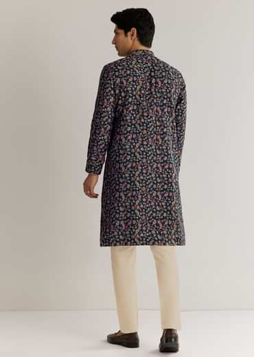Navy Blue Silk Floral Printed Kurta Set With Cutdana Work