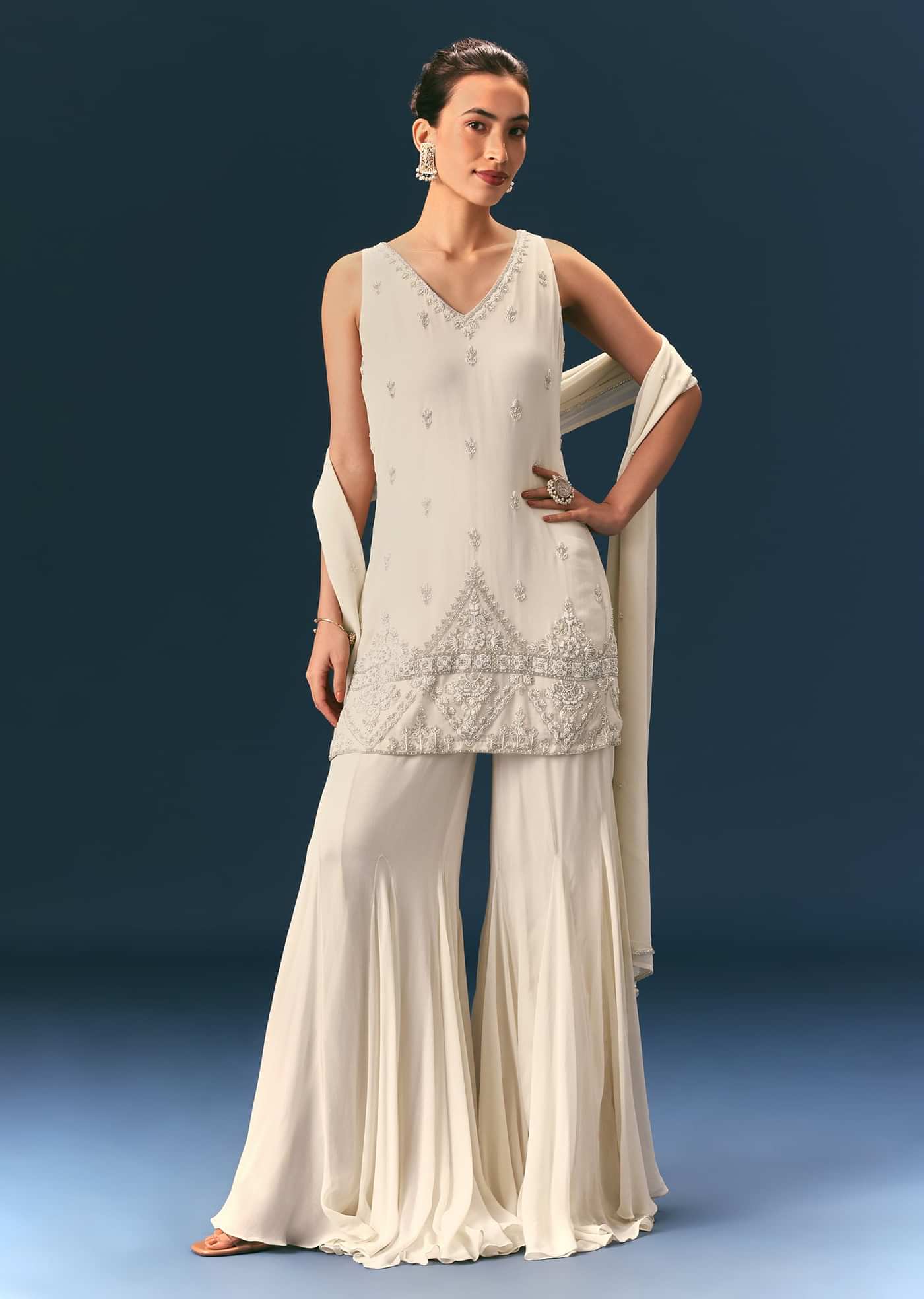 Off White Hand Embroidered Sharara Suit With Choker Dupatta