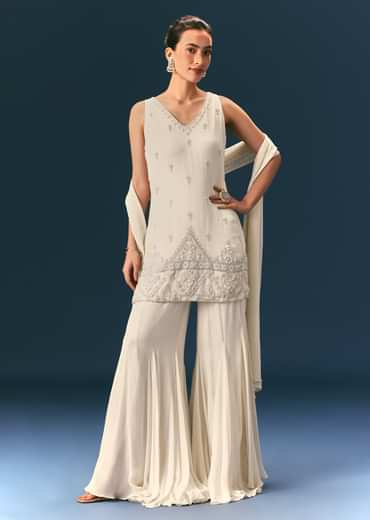 Off White Hand Embroidered Sharara Suit With Choker Dupatta Off White Hand Embroidered Sharara Suit With Choker Dupatta