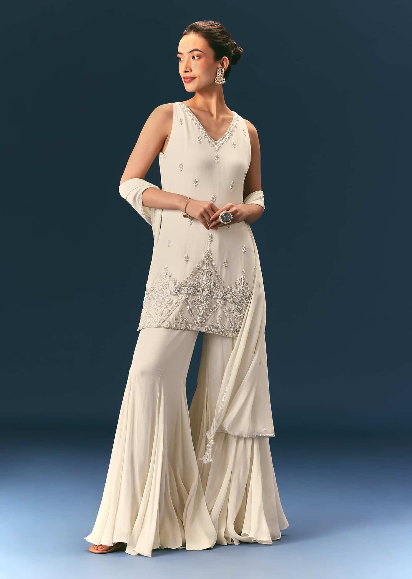 Off White Hand Embroidered Sharara Suit With Choker Dupatta