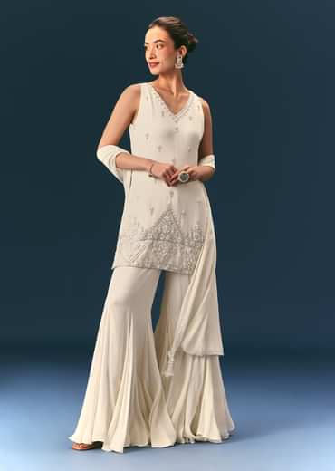 Off White Hand Embroidered Sharara Suit With Choker Dupatta Off White Hand Embroidered Sharara Suit With Choker Dupatta