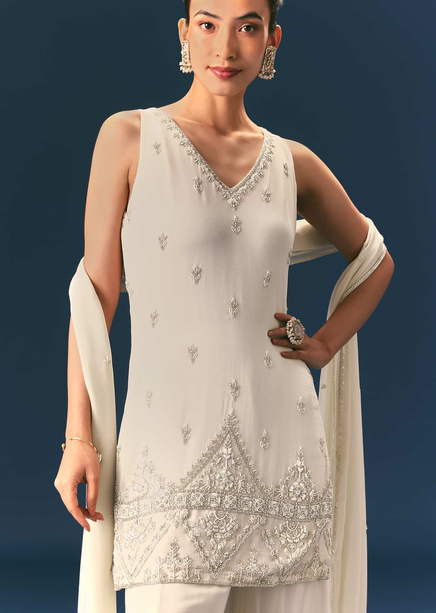 Off White Hand Embroidered Sharara Suit With Choker Dupatta