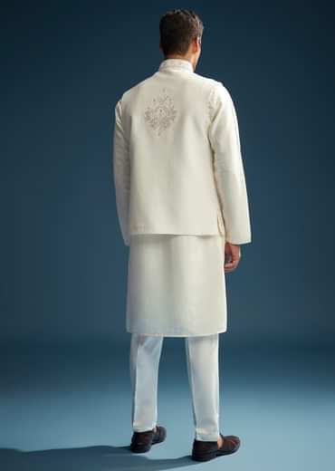Off White Silk Kurta Jacket Set For Men With Mirror Embroidery