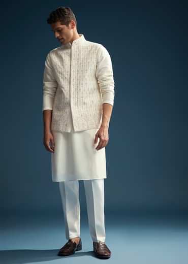 Off White Silk Kurta Jacket Set For Men With Mirror Embroidery